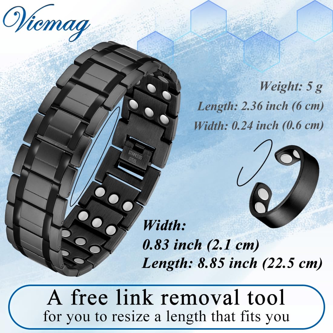 Vicmag 3X Magnetic Bracelet for Men Pure Titanium Bracelet 3500 Gauss Ultra Strength Magnets Adjustable Wristband with Adjustment Tool & Gift Box (Black)