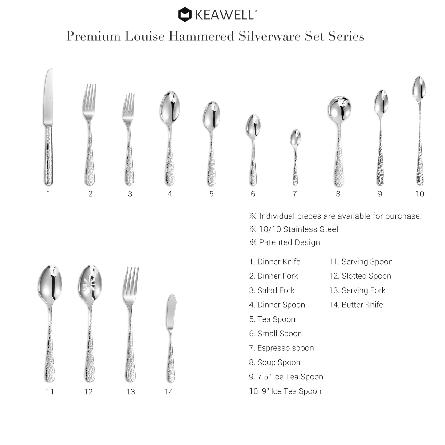 KEAWELL Premium Louise Hammered Coffee Spoons, 18/10 Stainless Steel, 4.4-Inch Demitasse Espresso Size, Brightly Mirror Polished, Set of 6, Dishwasher Safe (6, 4.4 inches)