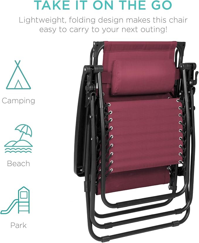 Best Choice Products Folding Zero Gravity Outdoor Recliner Patio Lounge Chair w/Adjustable Canopy Shade, Headrest, Side Accessory Tray, Textilene Mesh - Burgundy