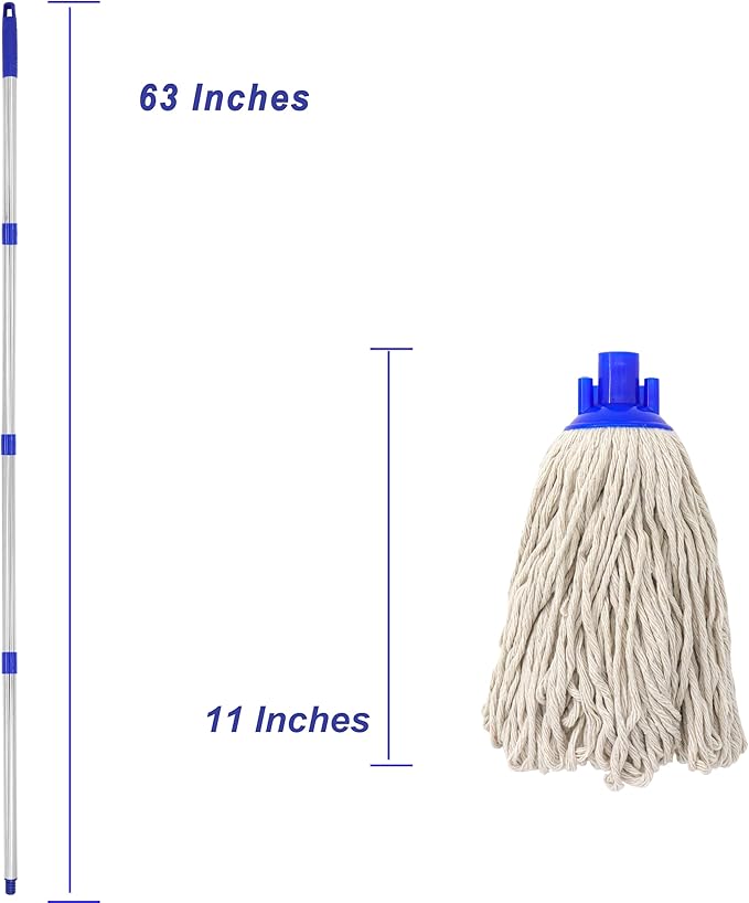 Cotton Cloth Mop, 4 Section Stainless Steel Pole + Two Cotton String Mop Heads