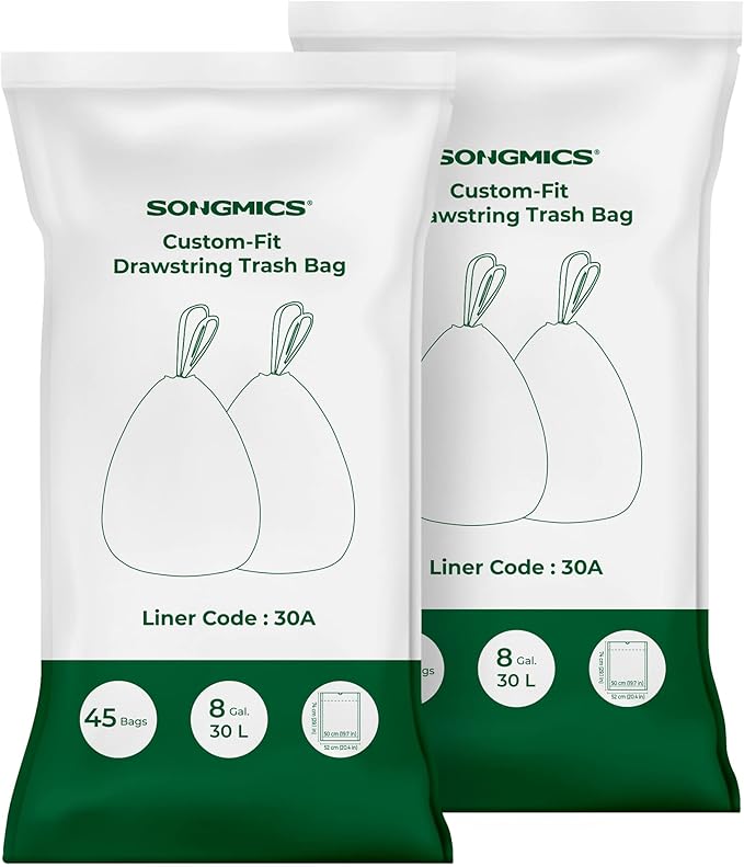 SONGMICS Trash Bags for 8-Gallon Trash Cans, Drawstring Kitchen Garbage Bags