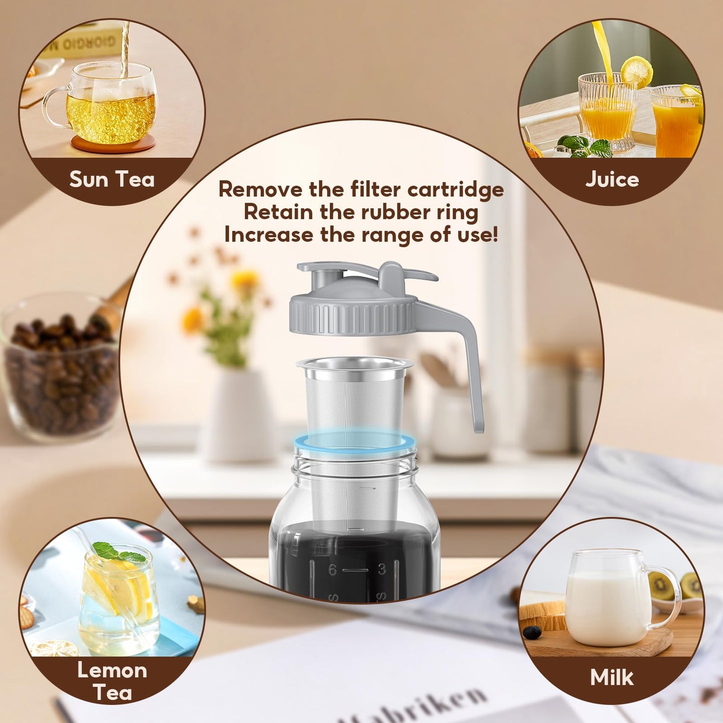 2 Pack 64 oz(2 Quart / 1.9 Liter) Cold Brew Coffee Maker Jar - Glass Cold Brew Maker with Handle, Stainless Steel Filter&Leak-Proof Lid, Heavy Duty Cold Brew Pitcher for Iced Coffee, Sun Tea, and Milk