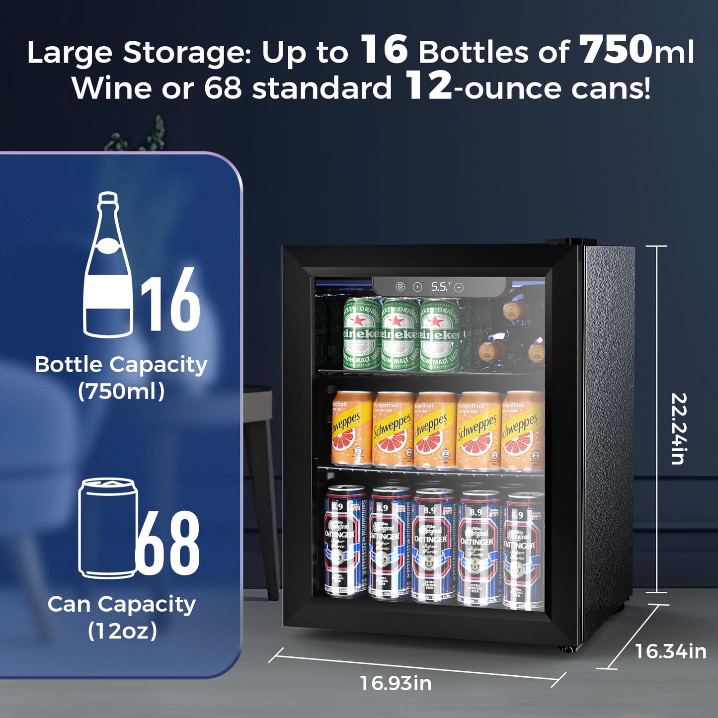 Electactic 68 Cans Beverage Refrigerator Cooler, 1.7 cu.ft Mini Fridge Glass Door Drink Cooler for Beer, Soda,Wine, Digital Temperature Control for Home Office Bar
