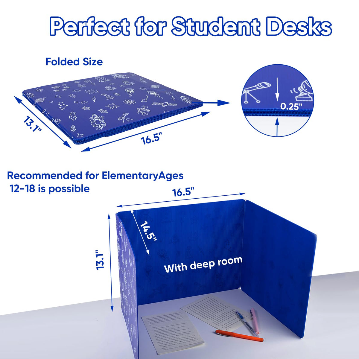 25-Pack Desk Dividers for Students, 3-Fold Privacy Screens, Durable Waterproof Plastic Study Boards, Easy Clean Classroom Shields for Schools,Teacher Supplies & Student Desk Organizers, Blue