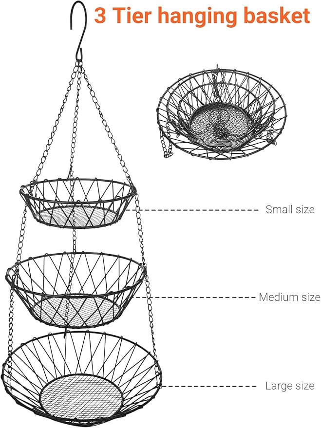 3 Tier Hanging Basket with Sturdy Metal Chain Hanging Hooks Fruit and Vegetable