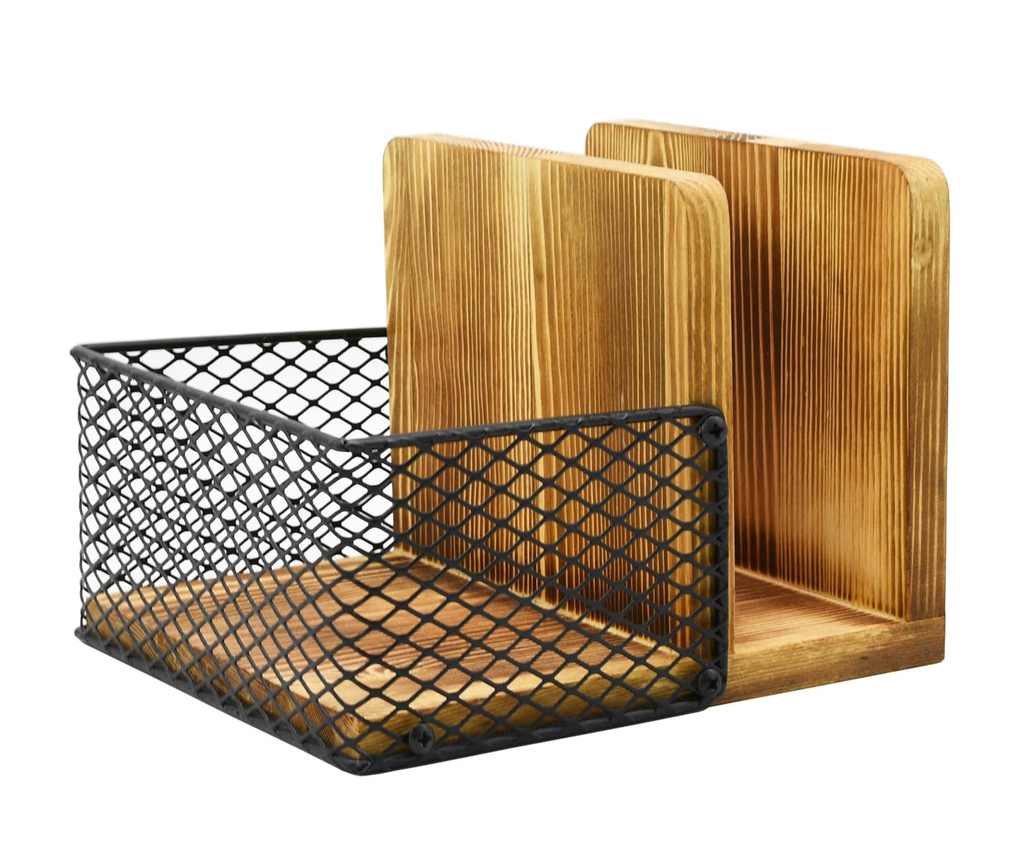 Rustic Burnt Wood Napkin Holder with Black Metal Mesh Spice Rack – 2-in-1 Farmhouse Style Napkin and Condiment Organizer for Kitchen or Restaurant, 5.5” x 6.5” x 5”