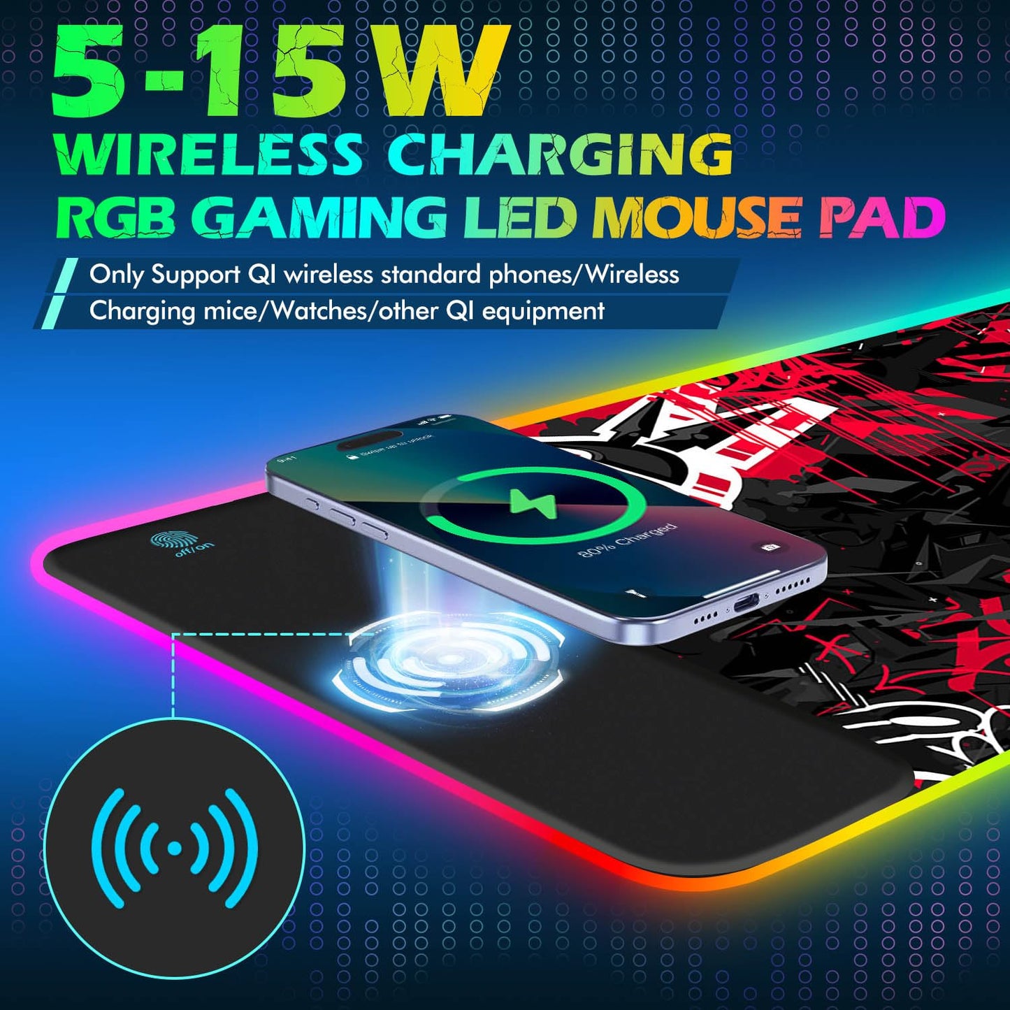 ToLuLu RGB Gaming 5/7.5/10/15W 10 Light Modes Wireless Charging Mouse Pad, LED Mouse Pad Computer Keyboard Mat Mousepad, 800x300x4MM Extended Large Desk Mat for Gaming, MacBook, Laptop, PC,Red Black