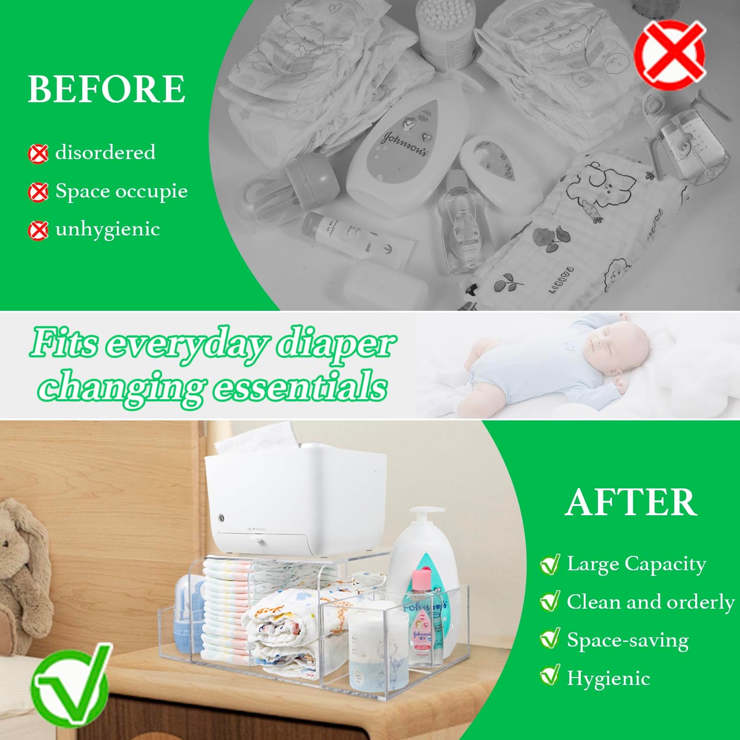NANYEZH Acrylic Diaper Caddy, Baby Wipes Organizer for Changing Table, Dresser Top Tabletop Organizer with 4 Detachable Compartments, Anti-slip Rubber Feet, Newborn Baby Essentials, Clear