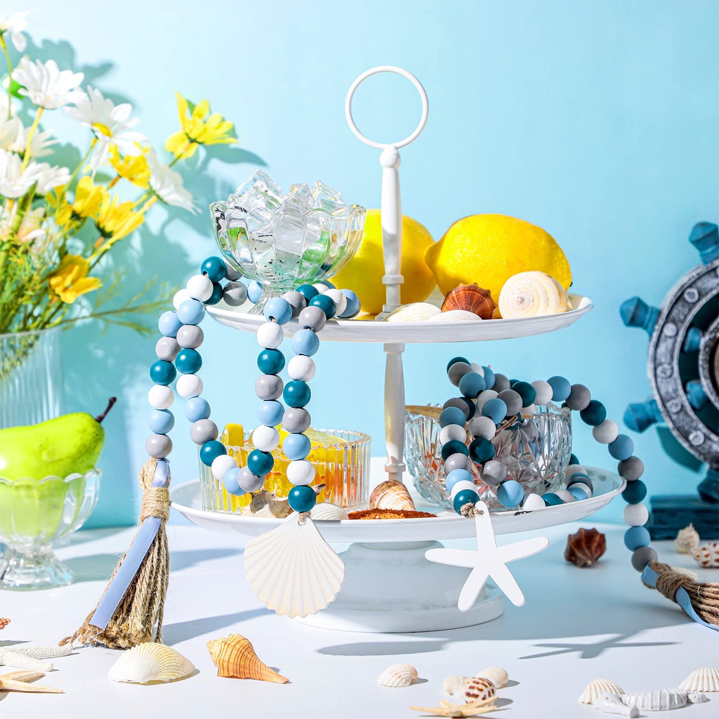 Janinka 2 Pcs Farmhouse Seashell Bead Garland with Tassels Decorative Beads Decor Nautical Farmhouse Tiered Tray Decorations Set Coastal Garland for Home and Kitchen, Wooden Beads(White)