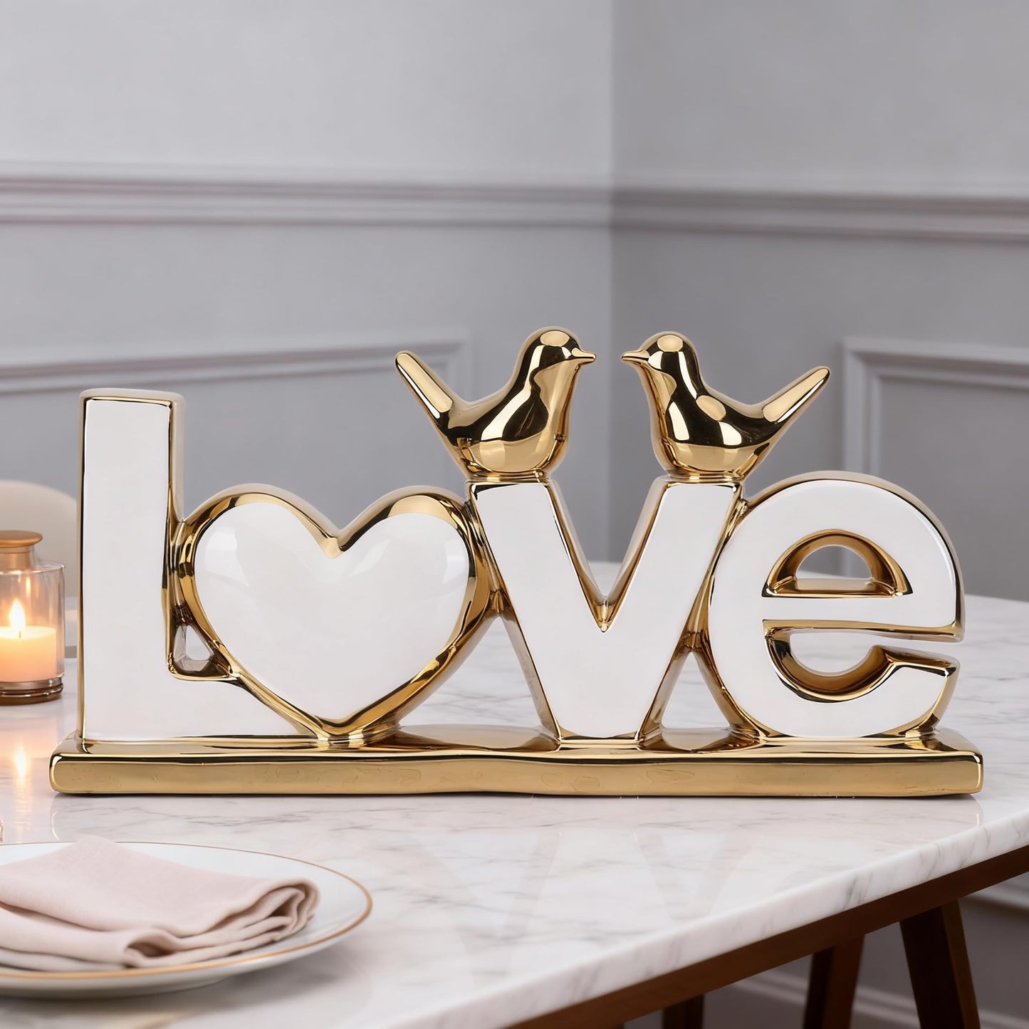 DOVDOV White and Gold Ceramic Love Sign Sculpture with Heart and Bird Statues, Modern Home Decor Accents for Living Room Coffee Table, TV Stand, Entryway and Shelf, Wedding or Housewarming Gift