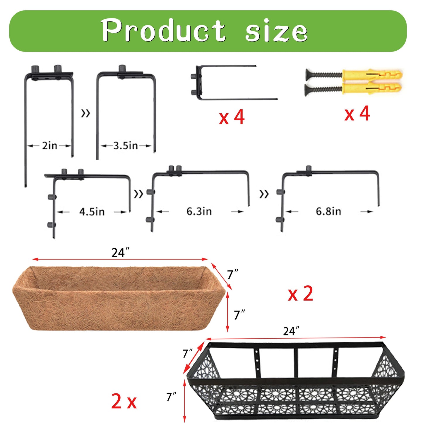 EIMQUVW 2 Pack 24" Railing Planter Window Box Deck Balcony Rail Planter Black Metal Flower Basket Horse Trough Planters with Coco Fiber Liner for Porch Fence Patio Outdoor