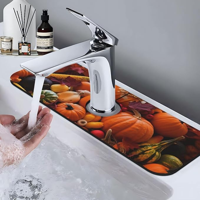 Kitchen Sink Splash Guard Faucet Mat Autumn Fall Pumpkin 15"x5.5", Diatom Mat