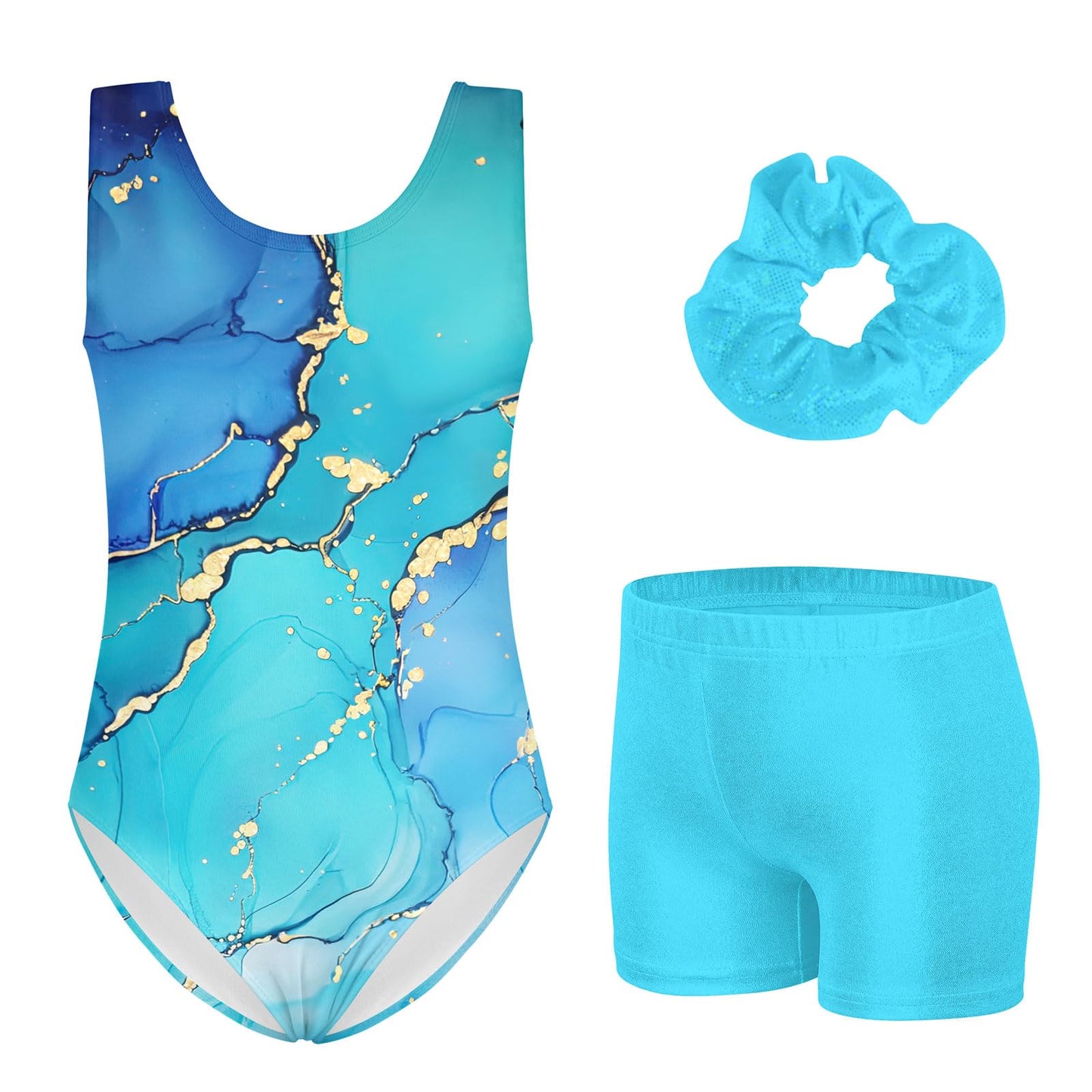 TUONROAD Leotards for Kids with Scrunchie Size 5 Little Girls 3 Piece Light Blue Marble Ballet Dance Leotard for 4t 5t Children 3D Print Princess Tie Dye Classic Athletic Outfits,4 5 Years