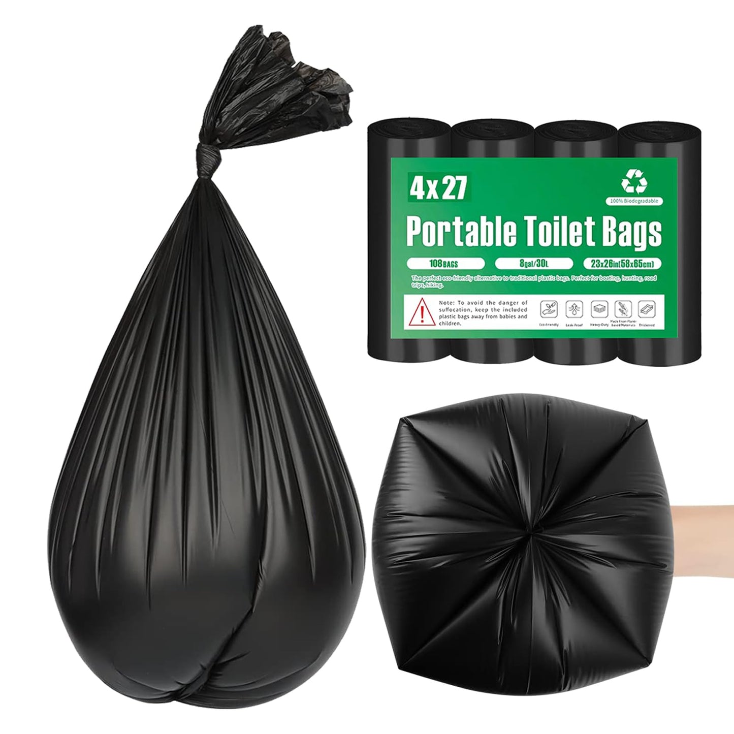 108 Portable Toilet Bags, TALTBREX 8 Gallon Biodegradable Camping Toilet Bags for Portable Potty, Thickened Compostable Trash Bags Toilet Waste Poop Bags for 5 Gallon Bucket Travel Toilet Liners