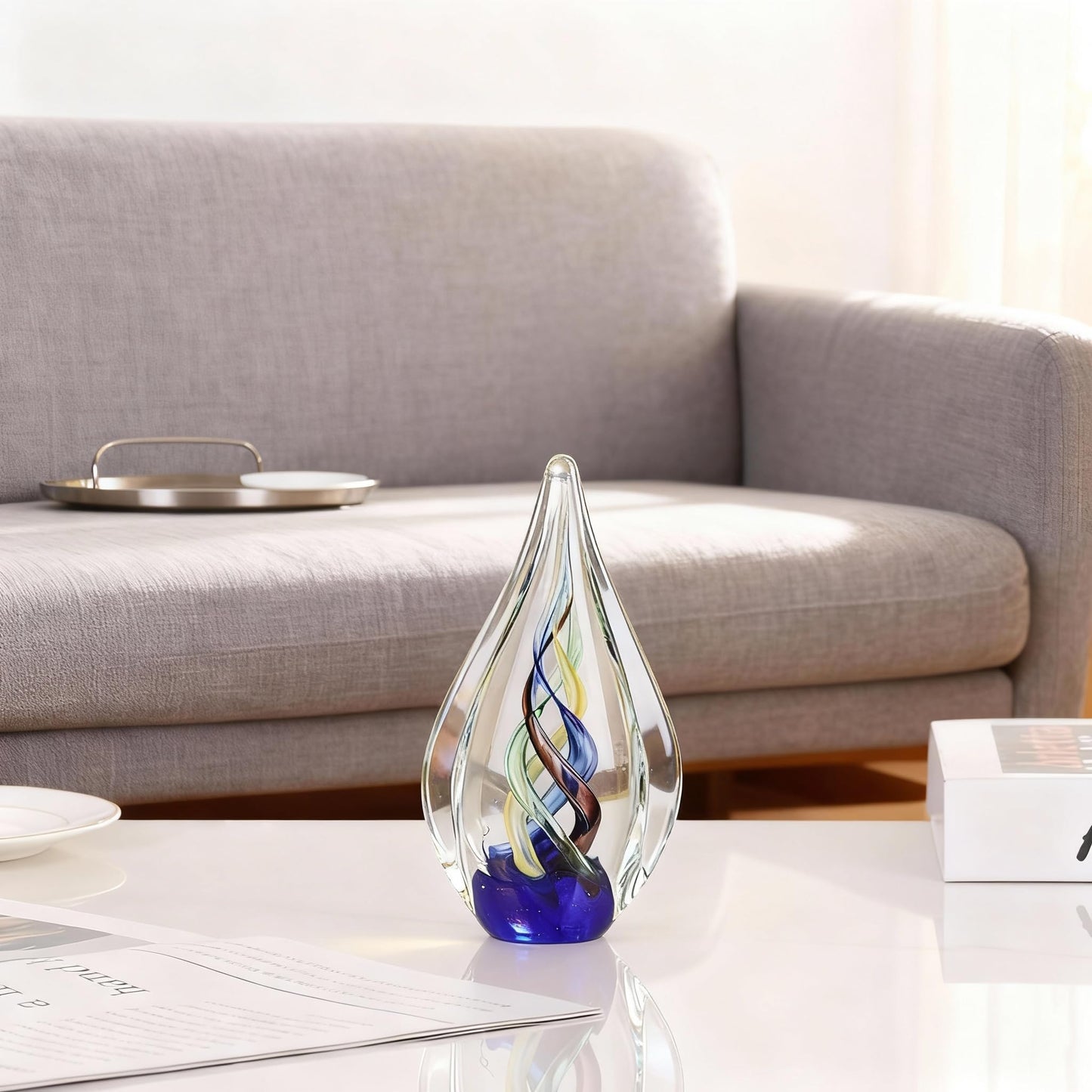 DOVDOV Blown Glass Sculpture, Blue Glass Art Collection Statue, Unique Mediterranean Water Drops Decorative Statue for Office, Bookshelf, Dresser, Living Room Coffee Table, Mantelpiece Filler