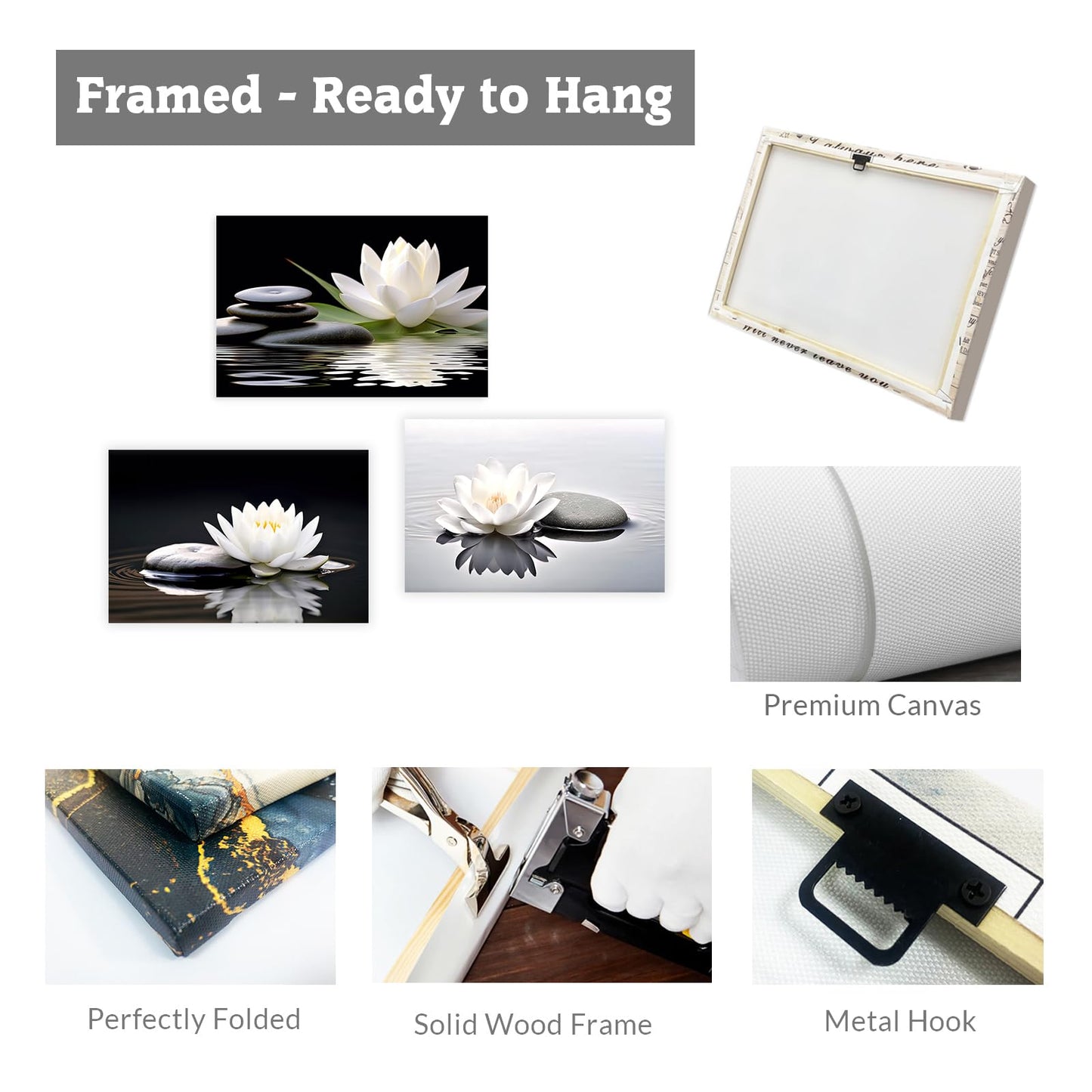 CCWACPP Zen Canvas Wall Art White Lotus Bloom in Water Picture Flowers Stone Spa Painting for Yoga Meditation Room Bathroom Prints Wall Decor Frame (Zen - 2, 16x24inch)