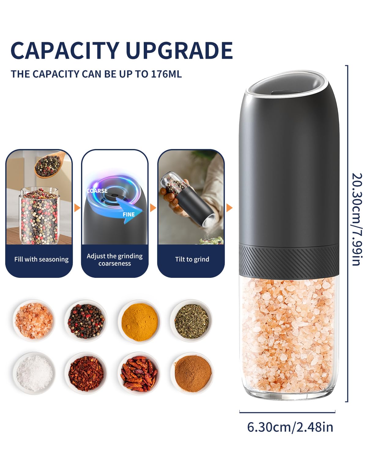 CIRCLE JOY Gravity Electric Salt and Pepper Grinder Set Battery Powered Automatic Pepper Mill Grinders with 176ml Container, Adjustable Coarseness, Bright LED Light and One Hand Operation, Black