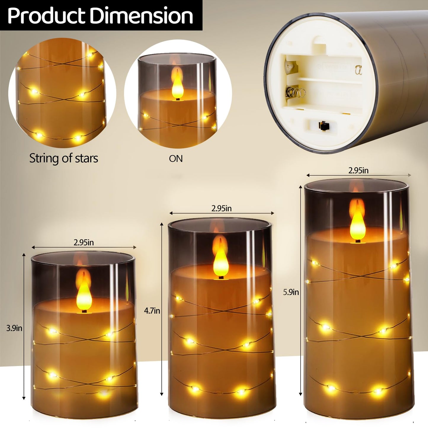 Kiexung Flameless Candle with String Light, Battery Powered Candle, Recessed String LED Candle, Indestructible Plexiglass Candles with Remote Control, Set of 3, Gray