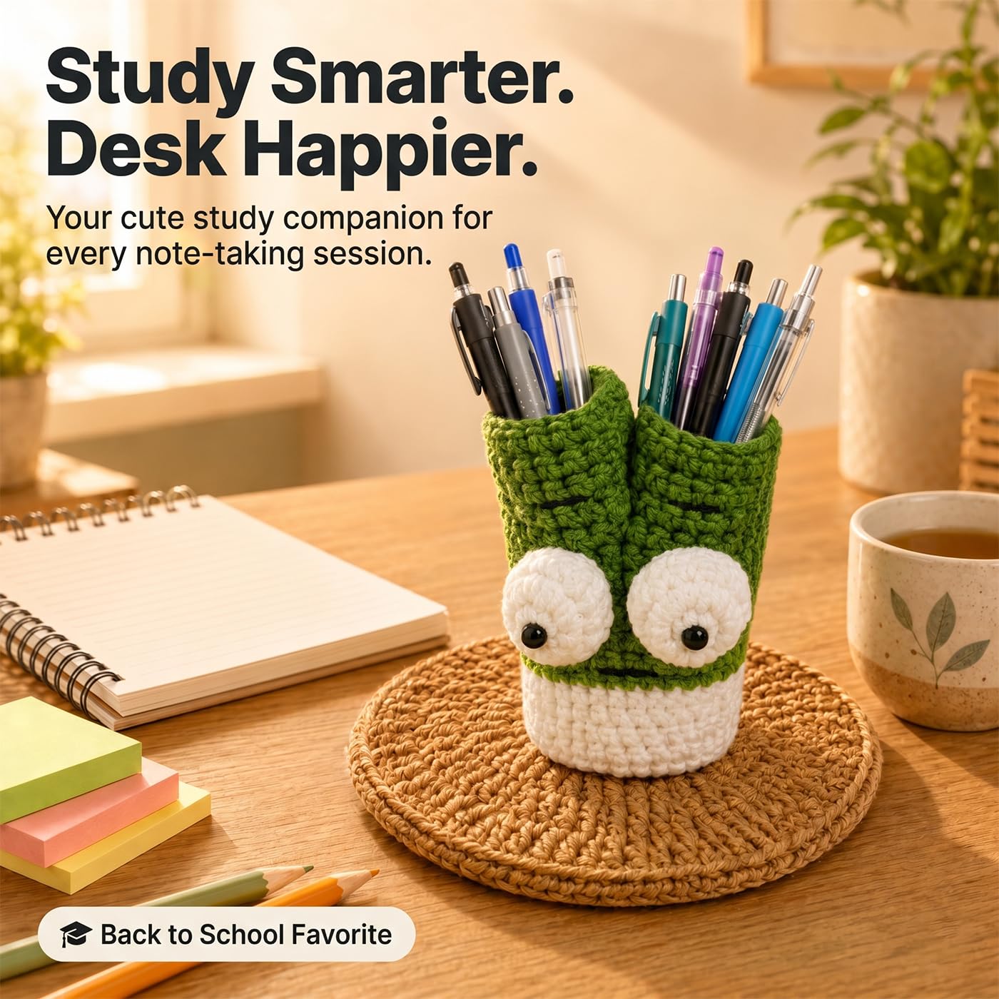 XIBIGEYE Cute Crochet Pen Holder for Desk - Handmade Green Onion Pencil Cup with Phone Stand | Funny Desk Organizer, Unique Teacher Gift, Back to School Desk Accessories for Students & Office