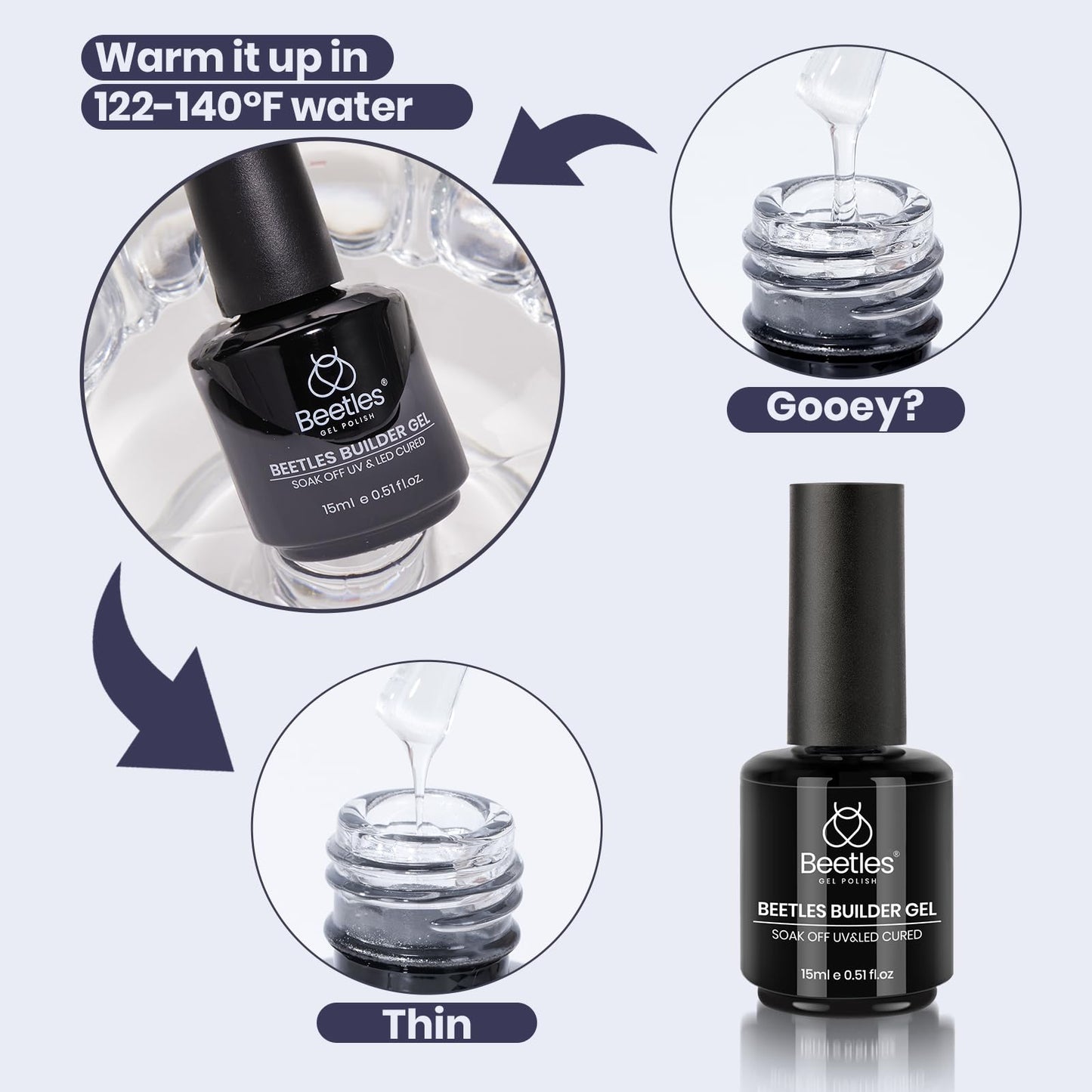 Beetles Builder Gel Set,3 Pcs 8 in 1 Nail Strengthening Apex Building Extension for Beginner DIY Salon at Home,Clear Builder Nail for Nails with Base and Top Coat Gel,UV & LED Lamp Needed