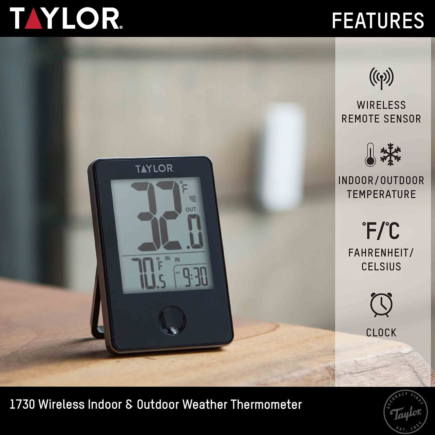 Taylor Wireless Digital Indoor Outdoor Thermometer, Easy to Read Numbers for Patio, Pool, and Indoor Areas, LCD, Black