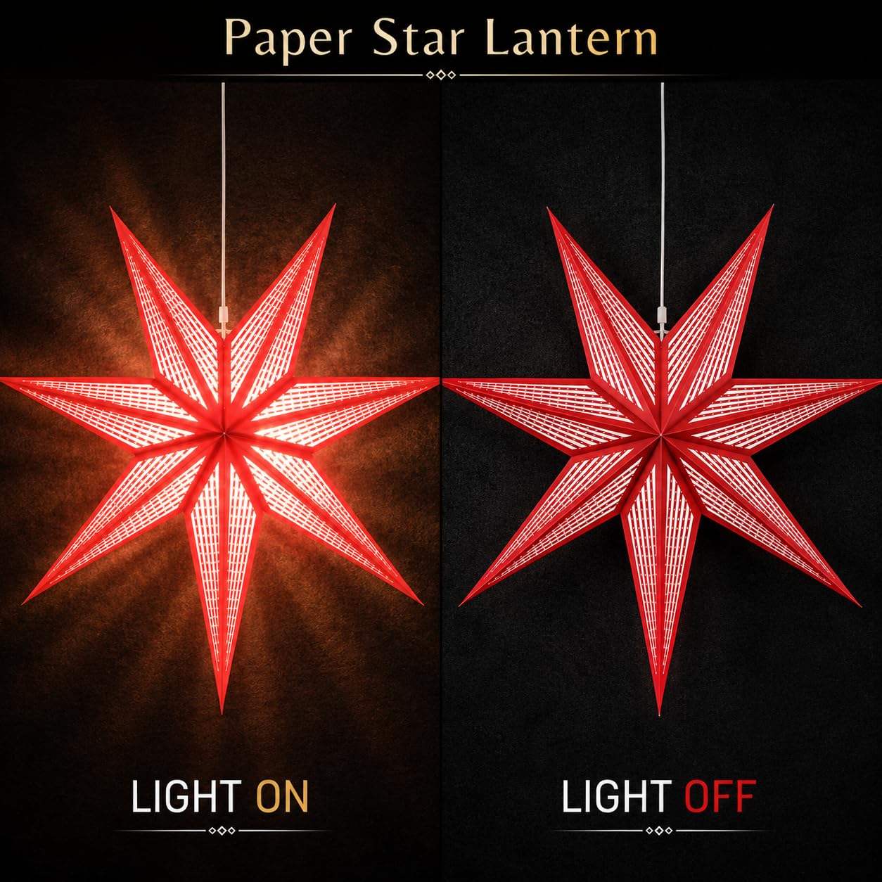 GalaxyArts 7-Point Paper Star Lantern - Striped Cutout Hanging Light Decoration - Foldable Hollow Out Star Lamp Shade for Home, Party, Christmas, Wedding Décor - Indoor/Outdoor 3D Hanging Star(Red)