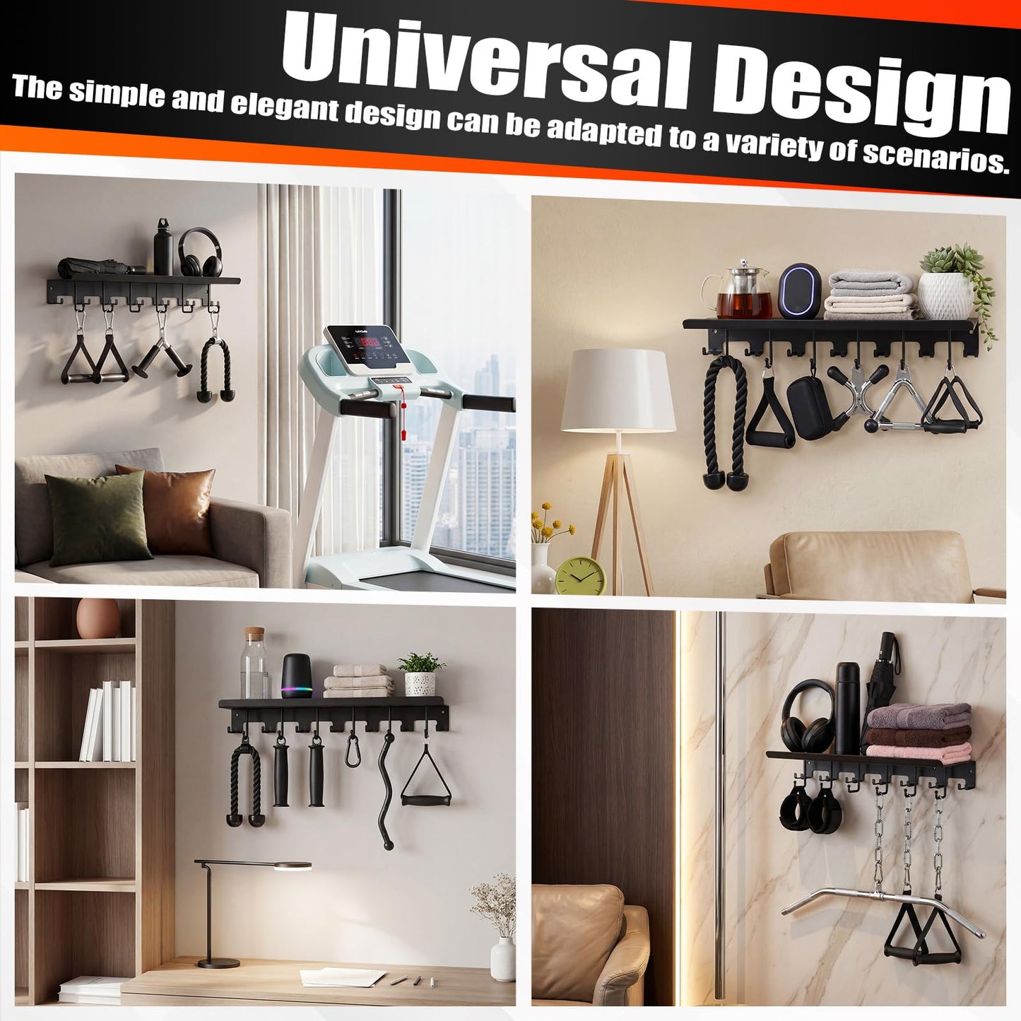 Novabright Double Row Hooks Floating Shelf Compatible with Tonal Accessories, T-bracket Lock Adapters Hanger, Wall Mount Home Gym Storage Rack for Fitness Equipment