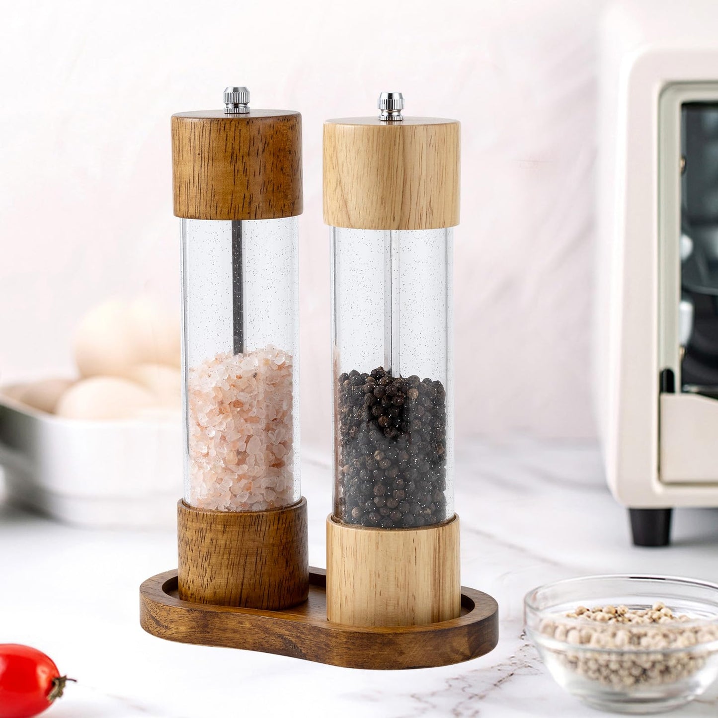 BINHAI Salt and Pepper Wood Mill Tray, Retro Colour Pepper Grinder Rest, Work Surface and Dining Table Protector (Pepper Mill not Included)