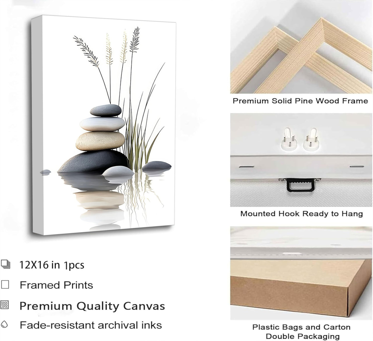 Zen Stone Canvas Wall Art Stacked Stones in Water with Grasses Painting Picture Wall Decor Poster Print Suitable for Yoga Meditation Room Bathroom Bedroom Study Home Decoration