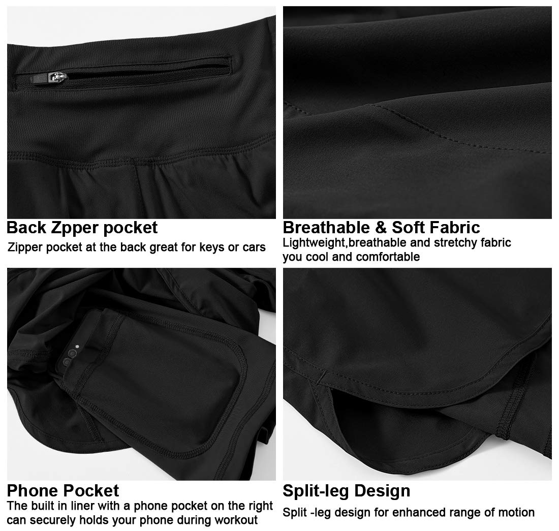 Gopune Women's 2 in 1 Running Shorts Workout Athletic Gym Yoga Shorts with Phone Pockets Black,XL