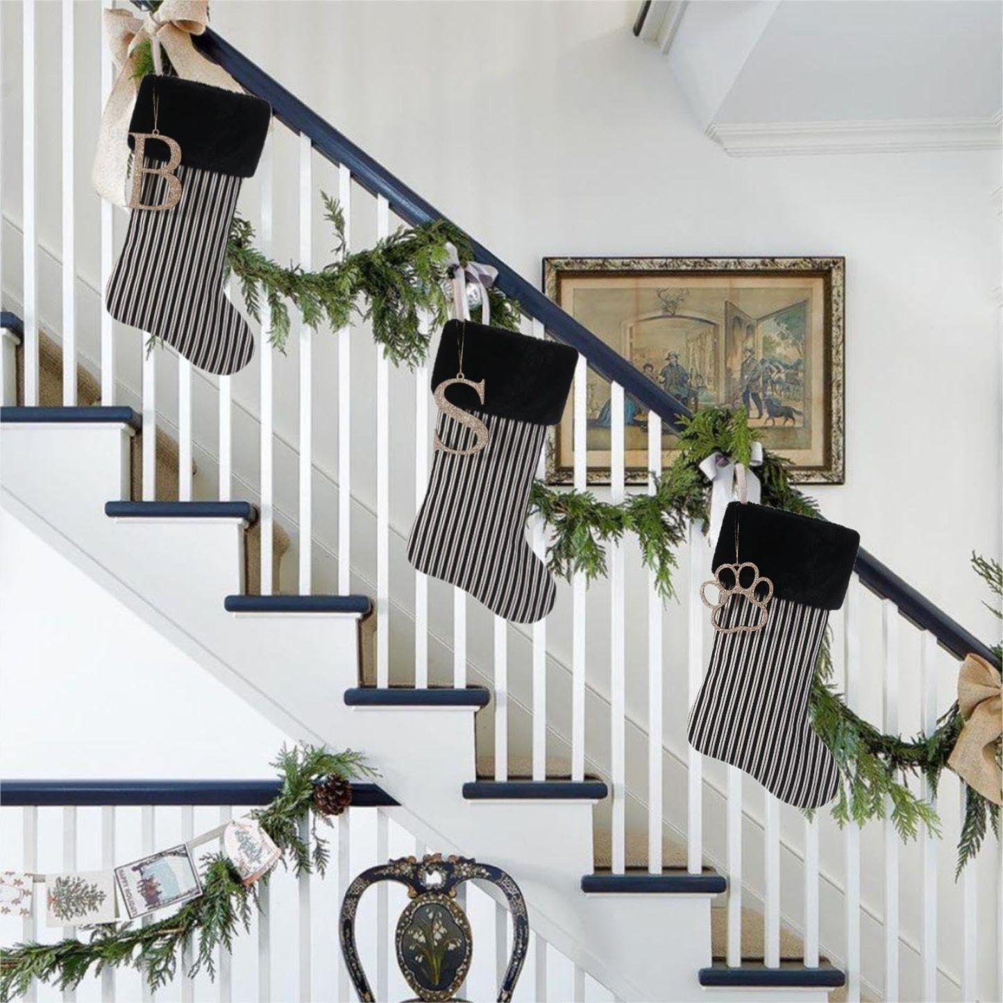 JKSVE 20 Inch Black Vertical Stripe Christmas Stocking, Personalized Gold Wooden Initial Monogram Christmas Stocking,Christmas&Halloween Holiday Party Decor(I)