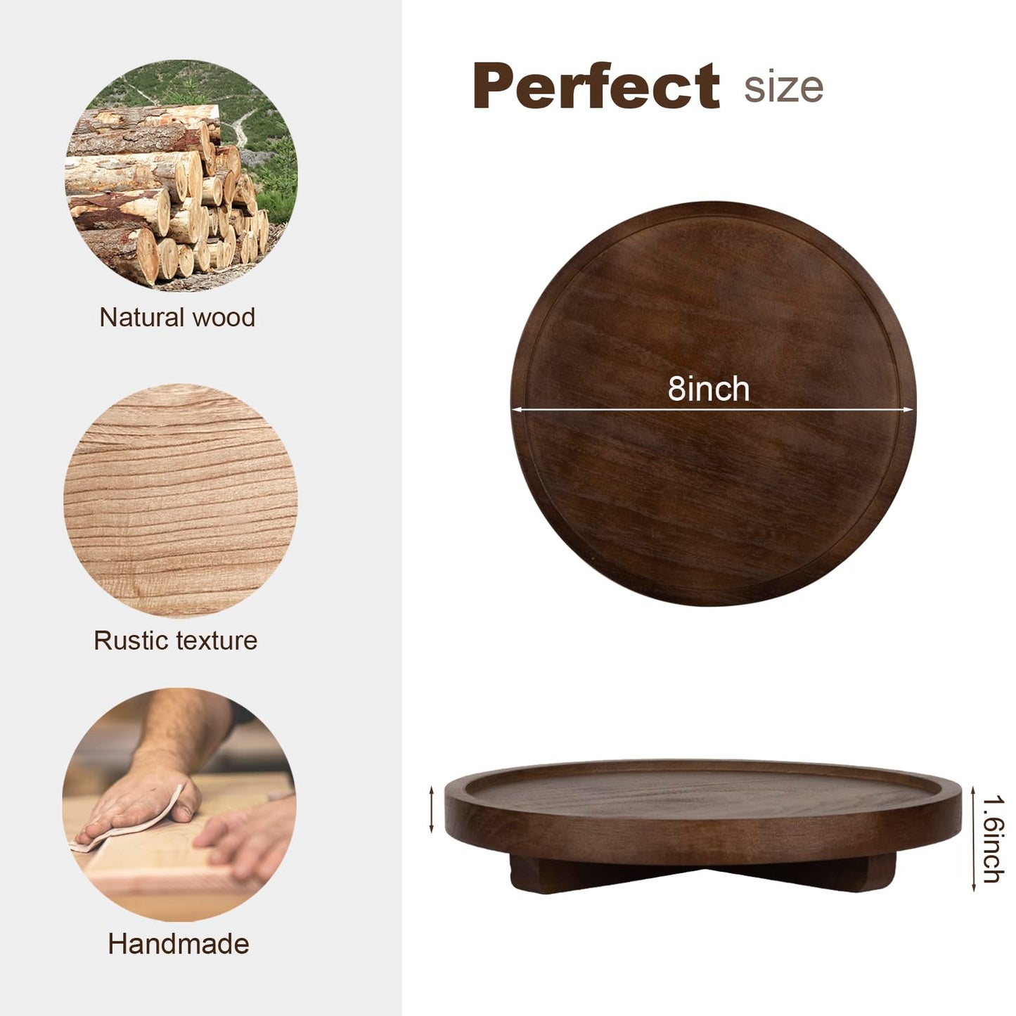 zoocatia Round Decorative Tray Wood Bathroom Counter Organizer Farmhouse Kitchen Decor Wooden Riser for Soap Dish, Perfume, Candle, Sponge, 8" - Walnut