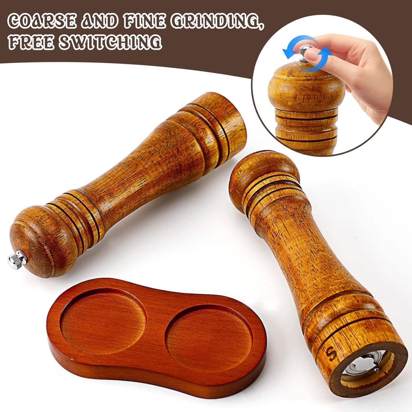 BIVIPO Salt and Pepper Grinder Set, 8 Inch Oak Wood Mills, Adjustable Coarseness, Manual Twist, 2-Pack with Tray, Wood Pepper Grinder And Salt Mill,Easy to clean