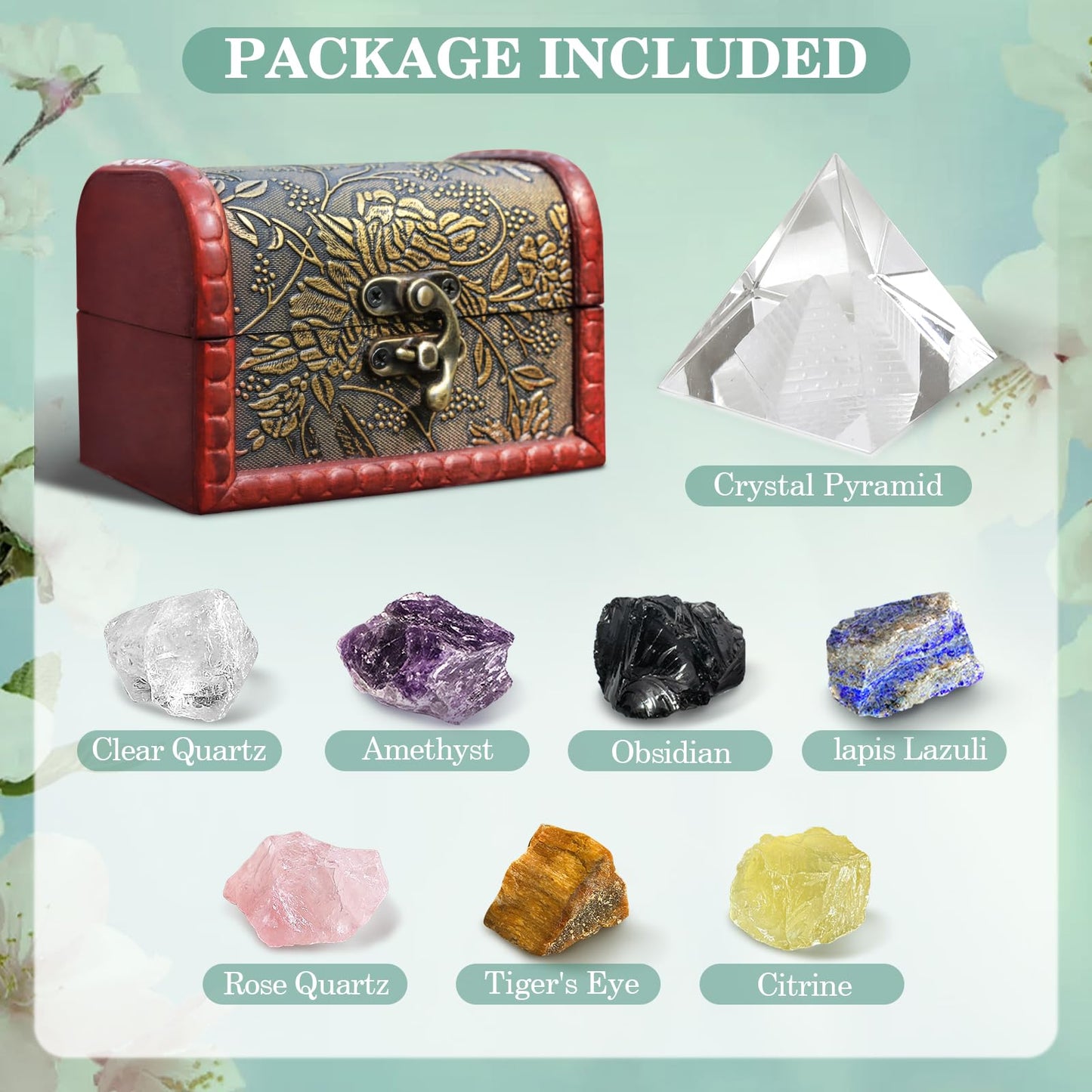 Crystals and Healing Stones, 9 Pcs Healing Crystals Set, 7 Chakra Crystal Stones Set Real Natural Selenite Pyramid Reiki Raw Rock Energy Protection Meditation with Wooden Box, Crystal Gifts for Women