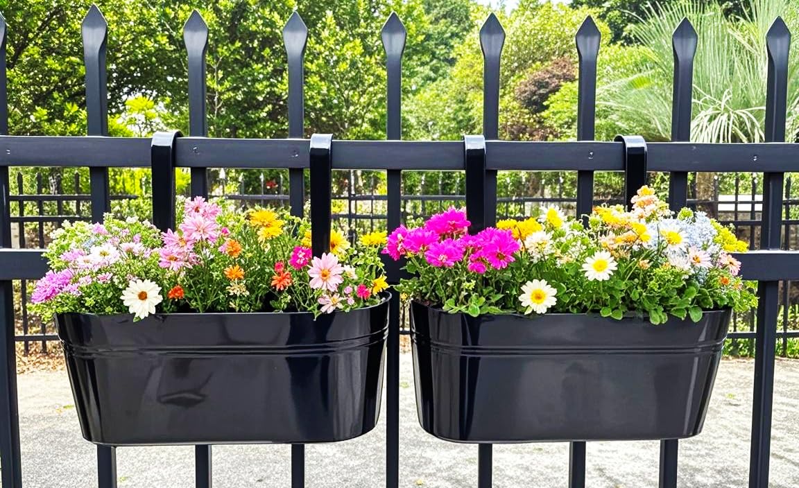 Joyfernal Hanging Planters for Outdoor Plants, 17" Railing Planter Pots, Metal Fence Flower Pot for Porch Balcony with Detachable Hookt (Black, Pack of 8)