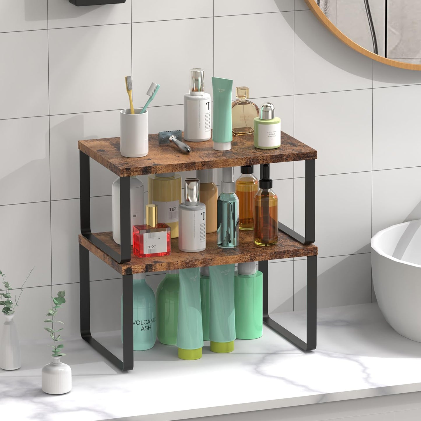 Set of 4 Counter Shelves Kitchen Stackable Cabinet Shelf Wood Organizer Expandable Counter Top Racks Brown Bathroom Counter organizer