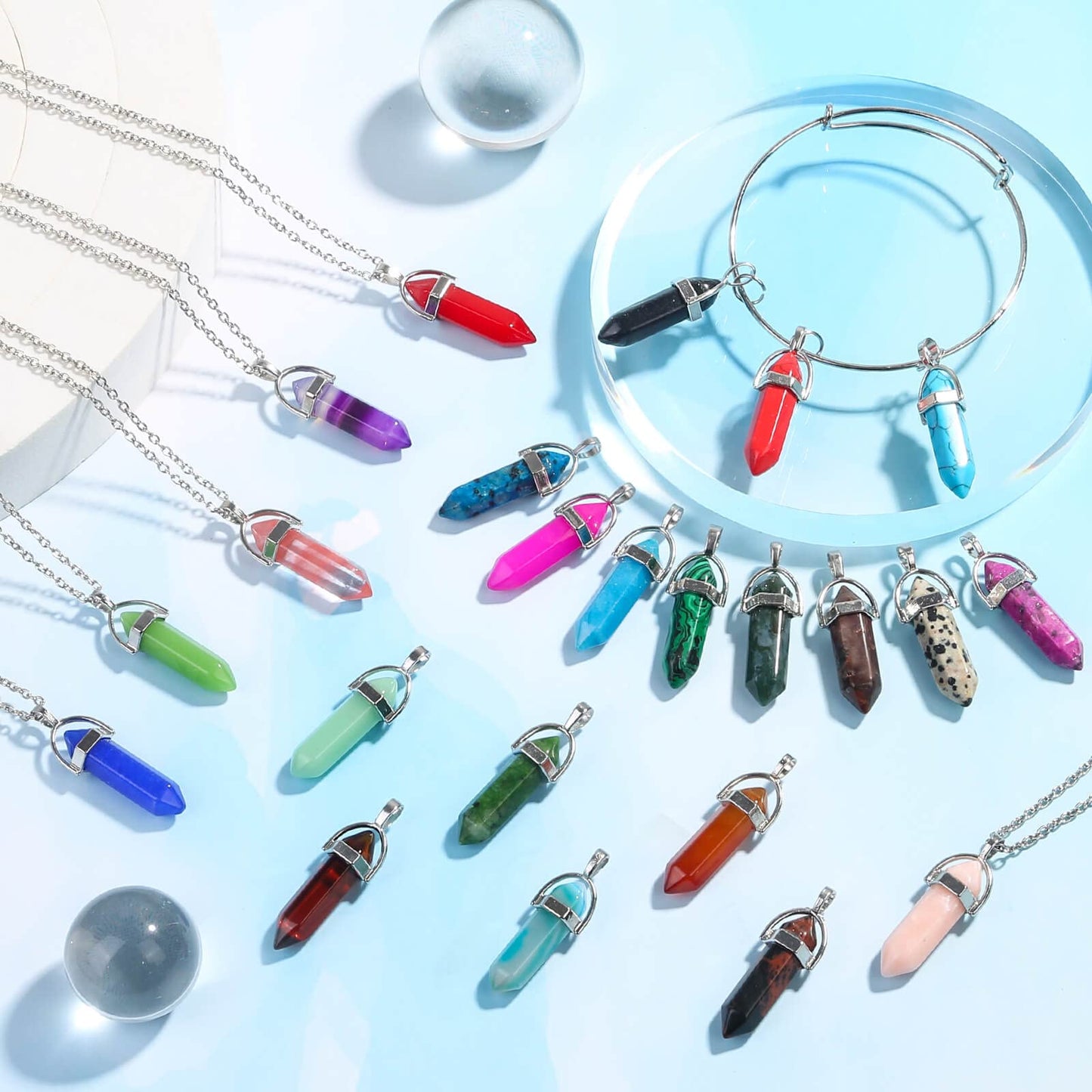 ROADPLUM 40Pcs Healing Crystal Pendants, Glow in the Dark Gemstones Charms Quartz Stone, Hexagonal Crystals Pointed Chakra, Natural Crystal Necklace Pendants for Jewelry Making with Storage Box