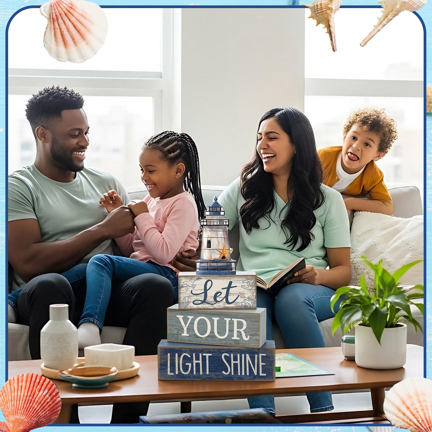 Lineshading 4 Pcs Beach Coastal Table Decor Wooden Lighthouse Decoration with Starfish Summer Tiered Tray Decor Blue and White Ocean Centerpieces Rustic Beach House Nautical Decorations for Home Shelf