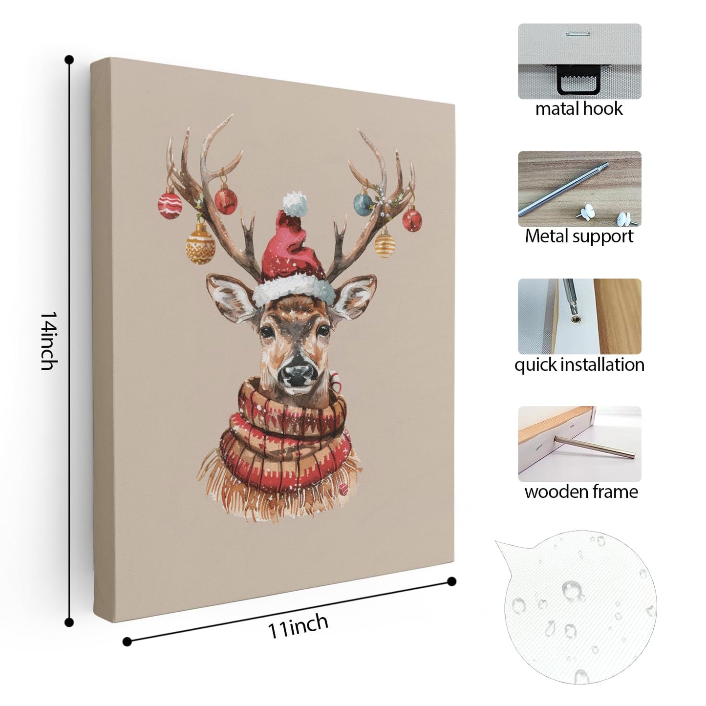 Winter Christmas Reindeer Wall Art Poster for Living Room Bedroom, 11x14 Inch Framed Wall Decor, Christmas Pictures and Decorations