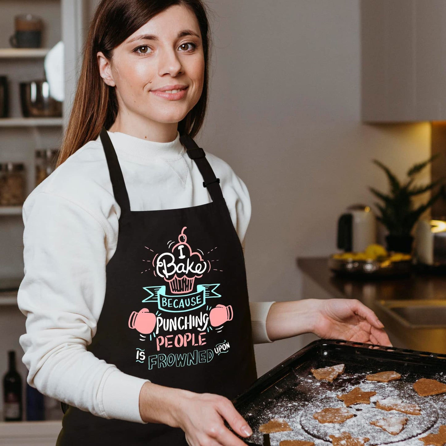 Saukore Funny Baking Aprons for Women Men, Cute Baking Gifts for Bakers, Kitchen Cooking Aprons with 2 Pockets, Birthday Thanksgiving Christmas Apron Gift for Wife Mom Sister Daughter Grandma
