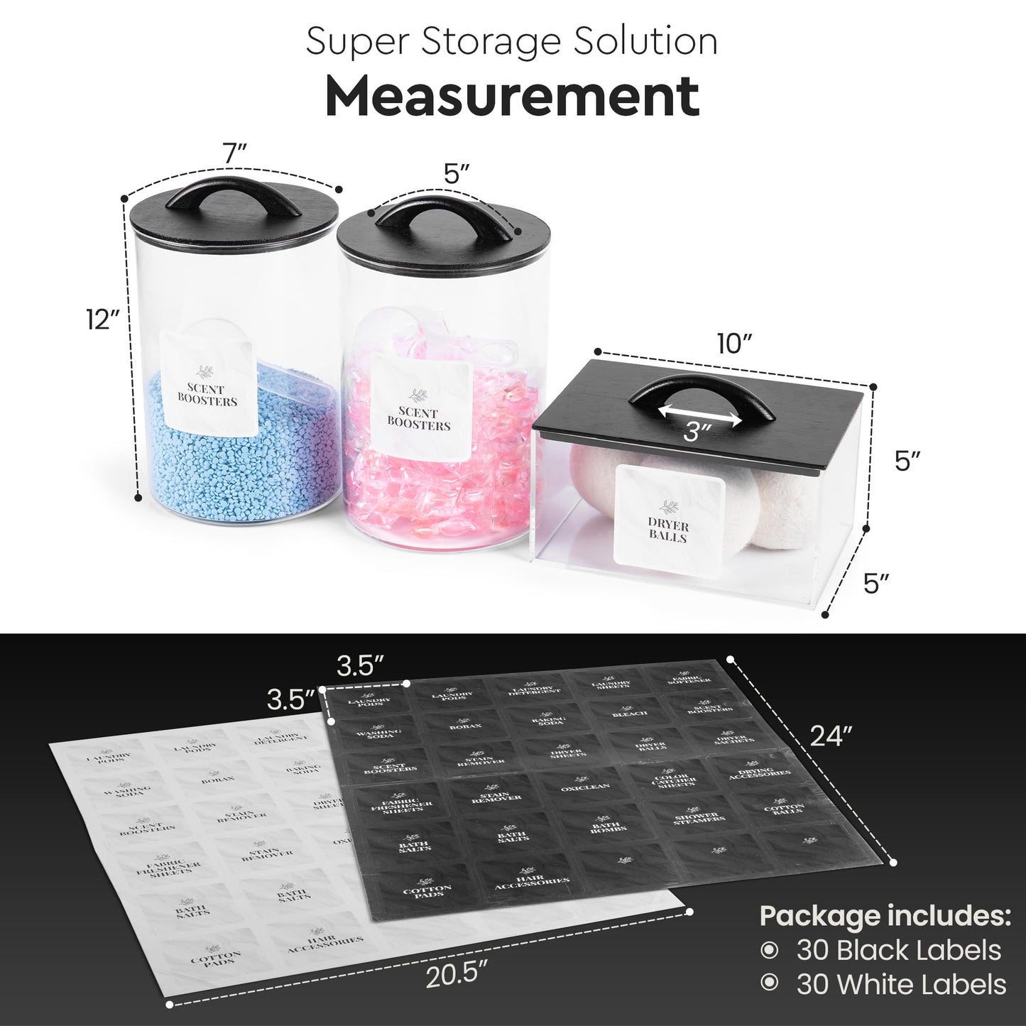 Laundry Pod Storage Container Set | Two 3L Glass Jars & One Acrylic Dryer Sheet Container with Bamboo Lids – Includes 2 Scoops, 60 Waterproof Laundry Labels – Dishwasher Safe