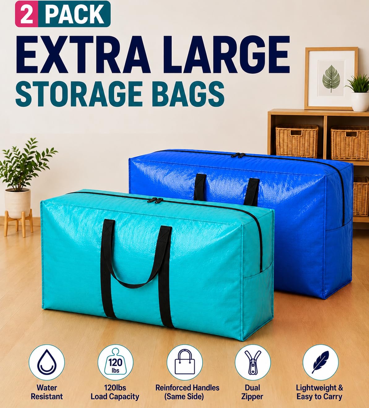 Extra Large Storage Bags, Jumbo Moving Tent Storage Bags, Foldable Big Black XXL Duffle Bag for Travel,Christmas Tree Bag, 42x23x13.5inch - 2PACK