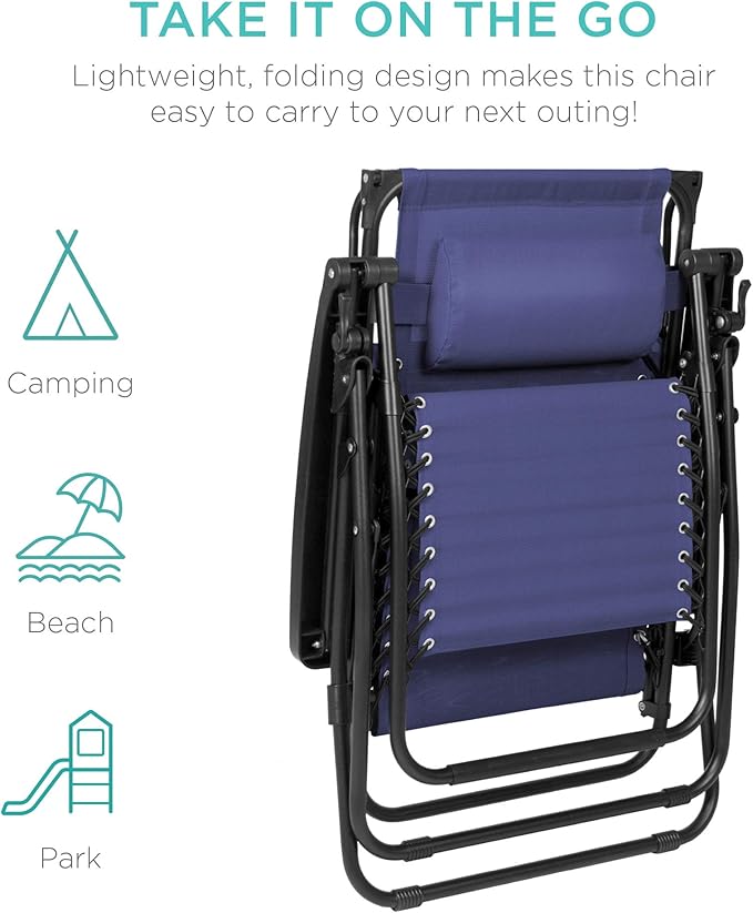 Best Choice Products Folding Zero Gravity Outdoor Recliner Patio Lounge Chair w/Adjustable Canopy Shade, Headrest, Side Accessory Tray, Textilene Mesh - Navy Blue