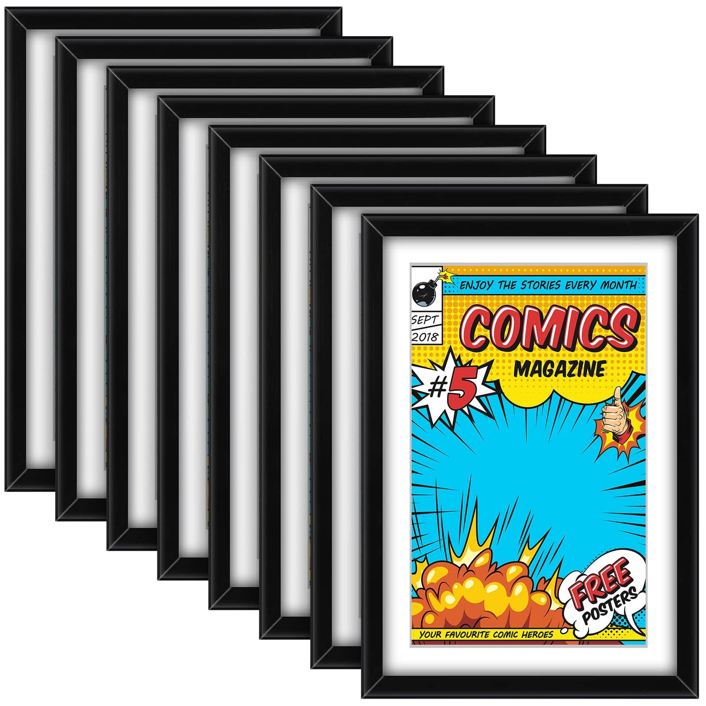 Geetery 8 Pack Comic Book Frame, UV Protection, Comic Picture Magazine Frames Fits Current up to 6 3/4 x 10 1/4, Wall or Tabletop Display with Spring Clips Installed Hangers(Black (White Mat))