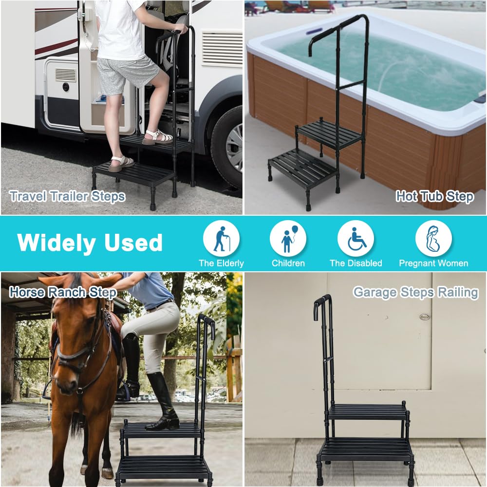 2 Step Stool with Handle for Elderly Seniors, Medical Safety Bedside Steps for High Beds Adults, Car RV Steps Platform with Handrail Heavy Duty Adjustable, Handicap Metal Stepping Stool Non Slip