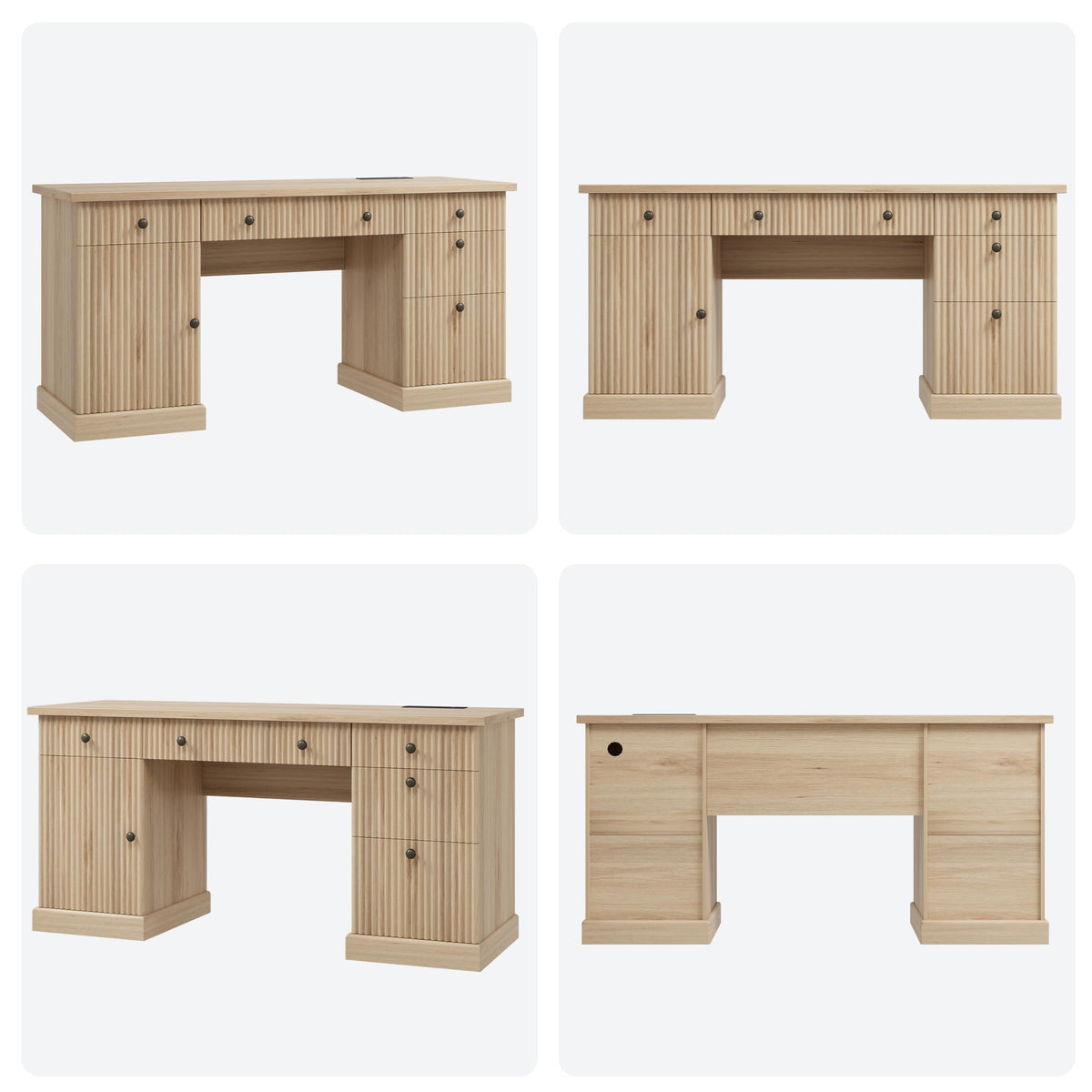 Garvee 60" Office Desk with Storage & Drawers. Fluted Wood Computer Desk with Power Outlet & Adjustable Shelves.Modern Executive Desk for Home Office/Bedroom/Gaming-Burlywood