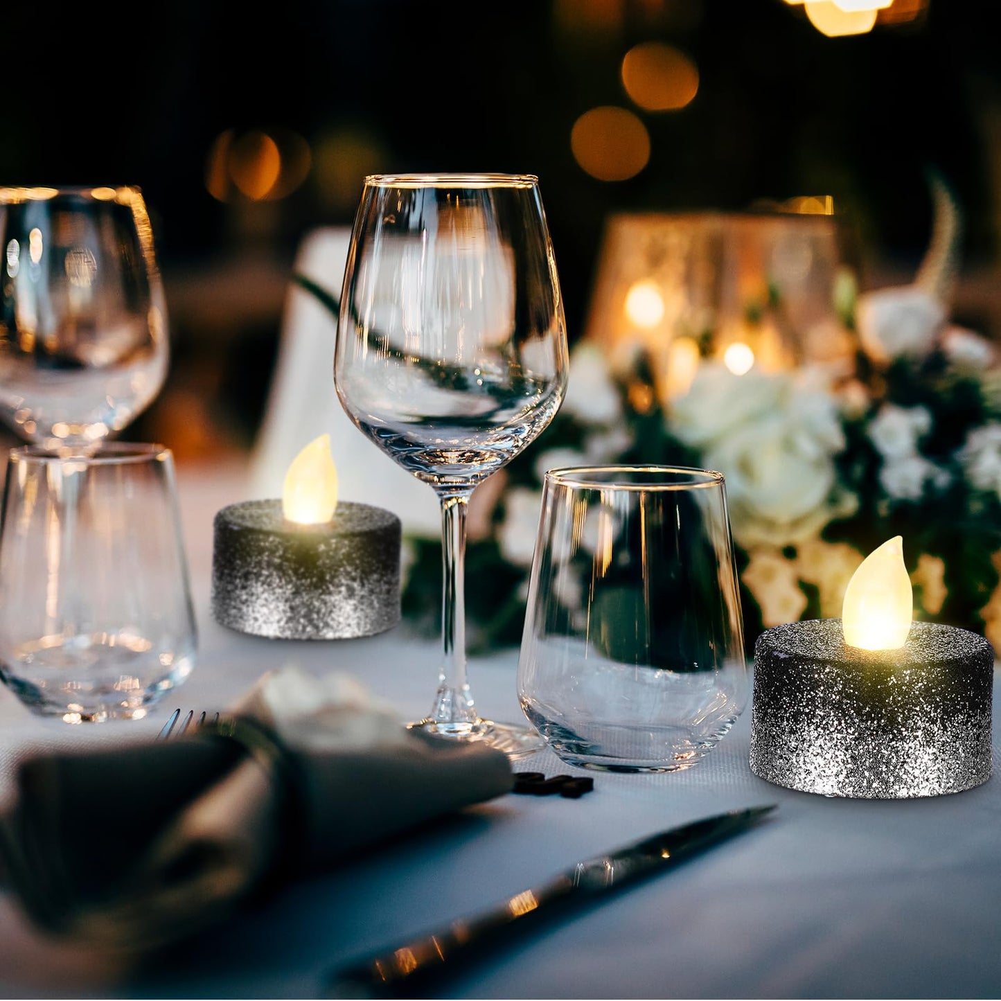 Retisee 48 Pcs Flameless LED Tea Lights Glitter Electric Fake Candles for Centerpieces Battery Operated Anniversary Decorations Romantic Winter Decor for Wedding Christmas Birthday(Black Silver)