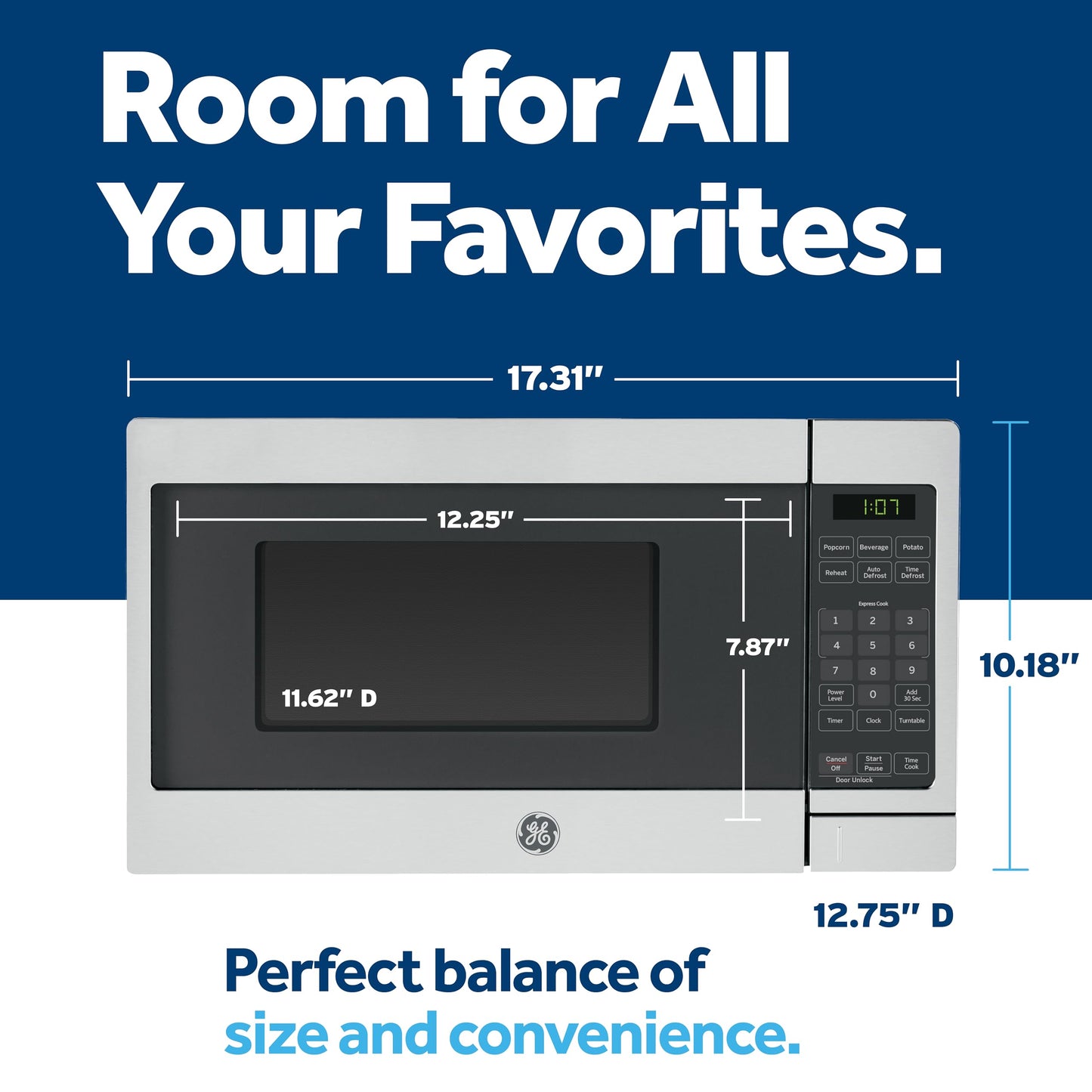 GE GCST07N1WSS Microwave Oven, 700-watt 6 Auto Cooking Settings, Child-Lock Technology, Kitchen Essentials for The Countertop, Dorm Room or Apartment, 0.7 Cu. Ft, Stainless Steel