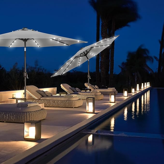 Blissun 9 ft Solar Umbrella, Patio Umbrella with 32 LED Lights, Table Market Umbrella, Outdoor Umbrella for Garden, Deck, Backyard (Light Grey)