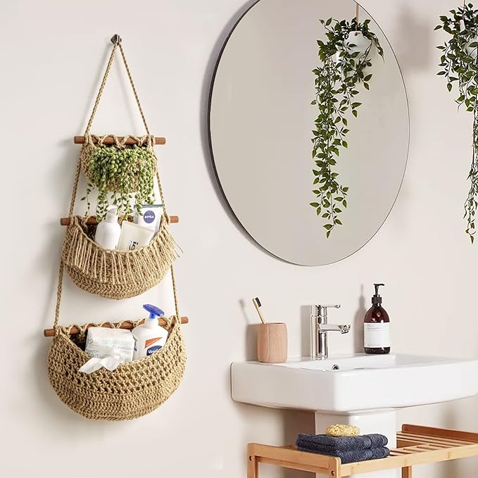 Hanging Fruit Basket, 3 Tier Over the Door Organizer, Handmade Woven Jute Wall